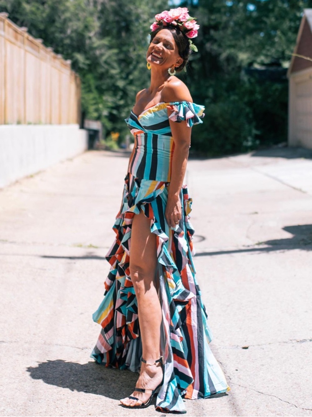 Caroline Constas Rainbow Striped Ruffle Gown Off Shoulder Size Large - Picture 15 of 16
